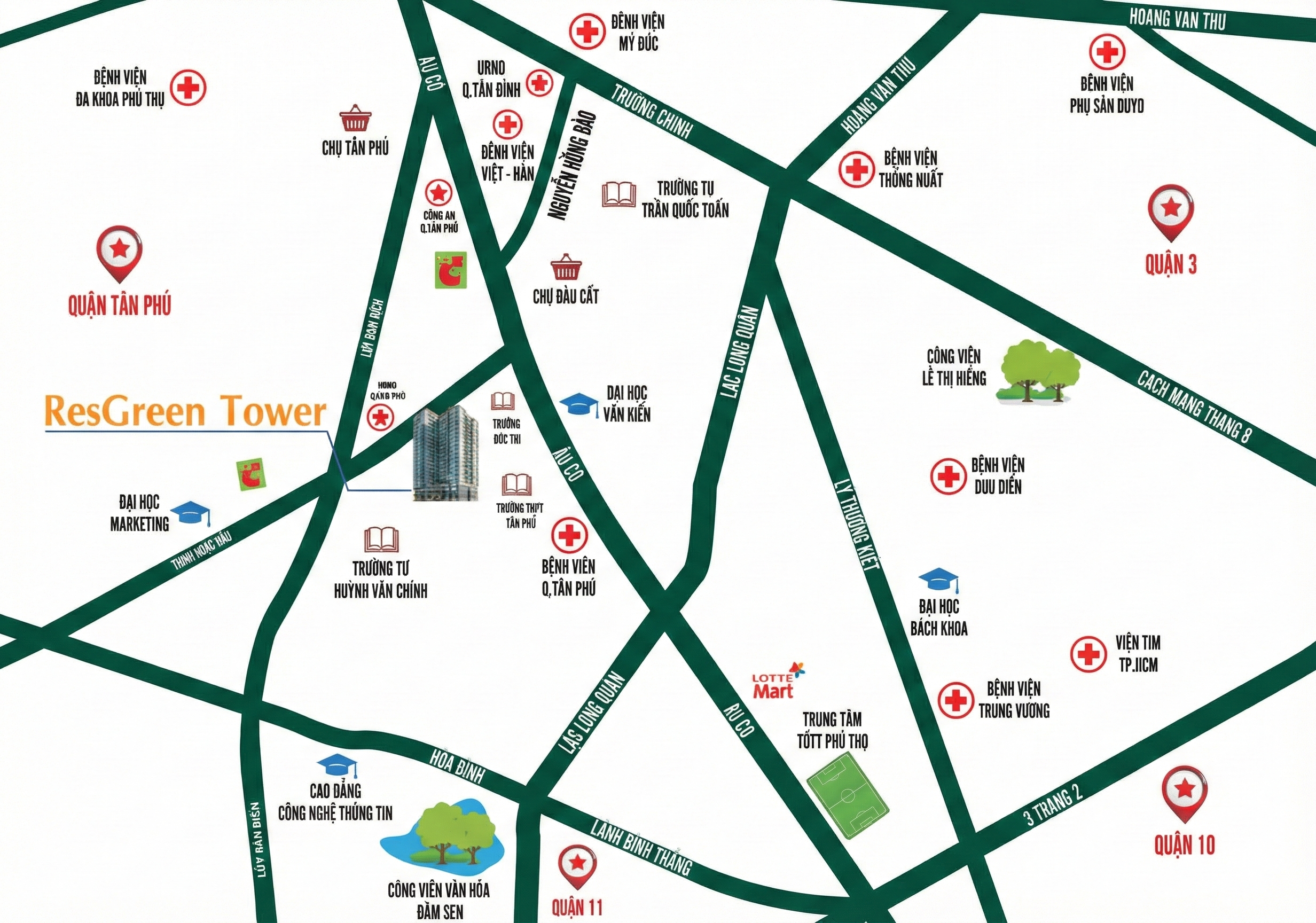 ResGreen Tower ở T&acirc;n Ph&uacute; kết nối cực kỳ thuận tiện qua c&aacute;c tuyến đường huyết mạch như Lũy B&aacute;n B&iacute;ch, &Acirc;u Cơ, Thoại Ngọc Hầu, dễ d&agrave;ng đến Quận 6, 10, 11, T&acirc;n B&igrave;nh, v&agrave; S&acirc;n bay T&acirc;n Sơn Nhất